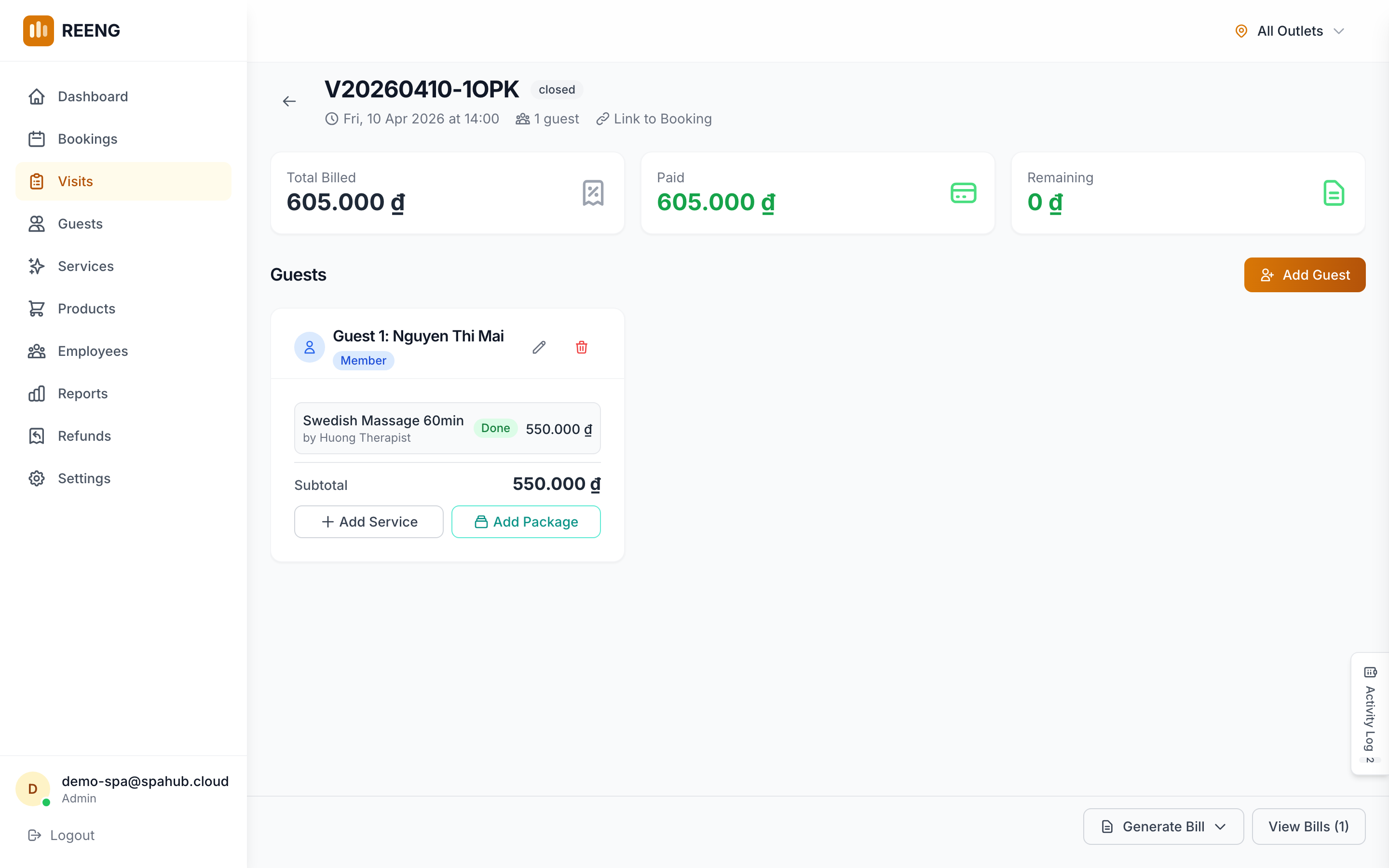 REENG visit POS with guest bill and service line items